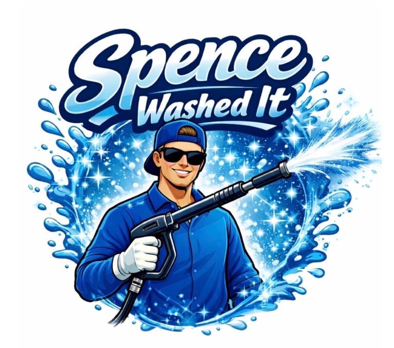Cartoon character wearing sunglasses and blue outfit holding pressure washer with water splash effects and Spence Washed It text