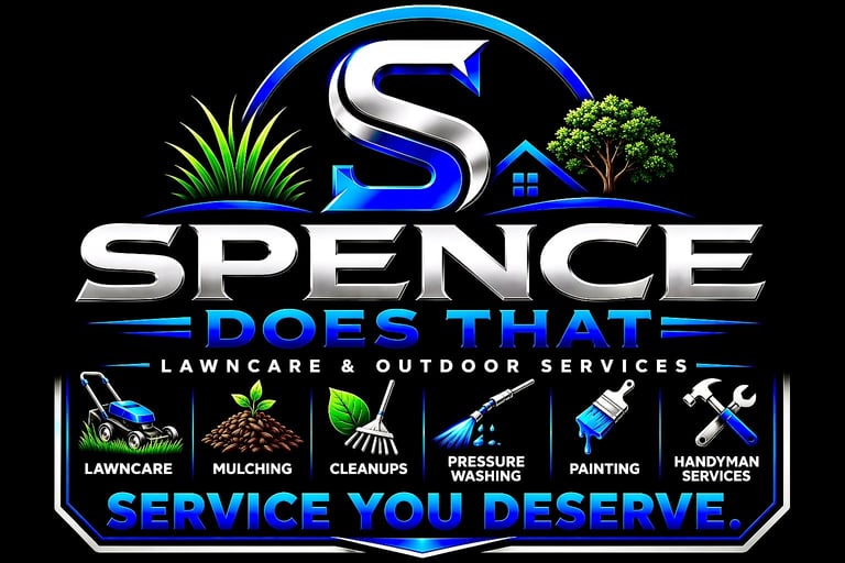Spence Does That Lawncare & Outdoor Services logo featuring service icons for lawncare, mulching, cleanups, pressure washing, painting, and handyman services