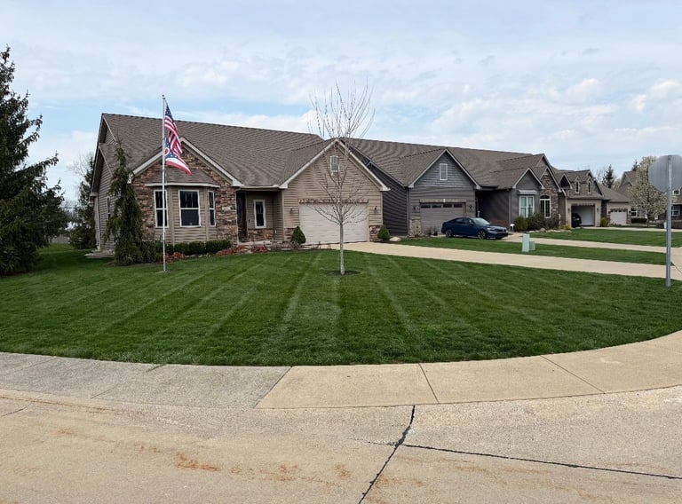 Suburban neighborhood with large brick and stone homes featuring manicured lawns and curved driveway
