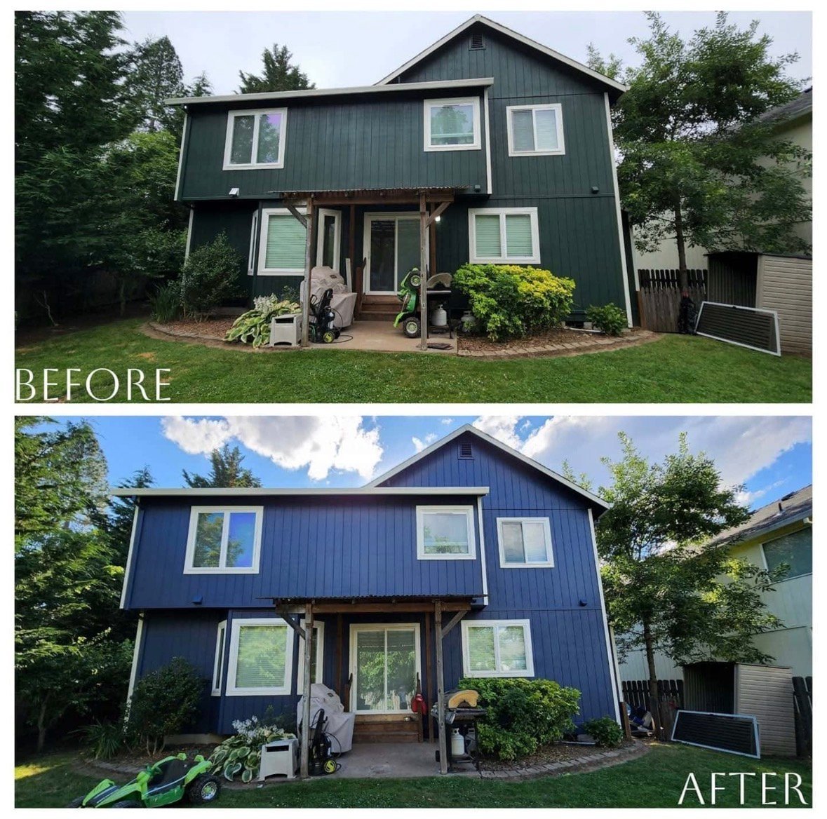 Before and after comparison of a home exterior renovation, showing dark teal siding transformation and updated window placement